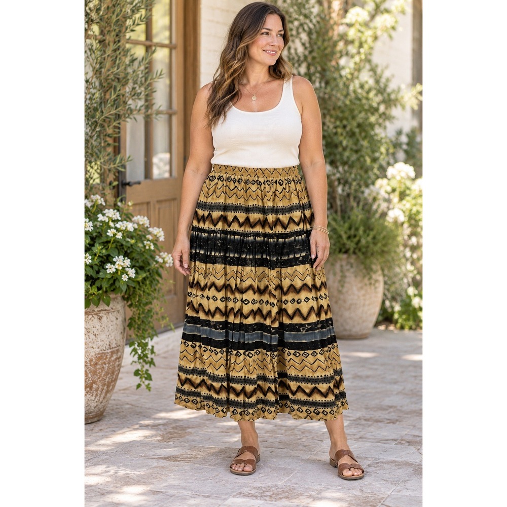 Pine Cove Geometric Tribal Print Tiered Midi Skirt XL Tan Black Made in USA